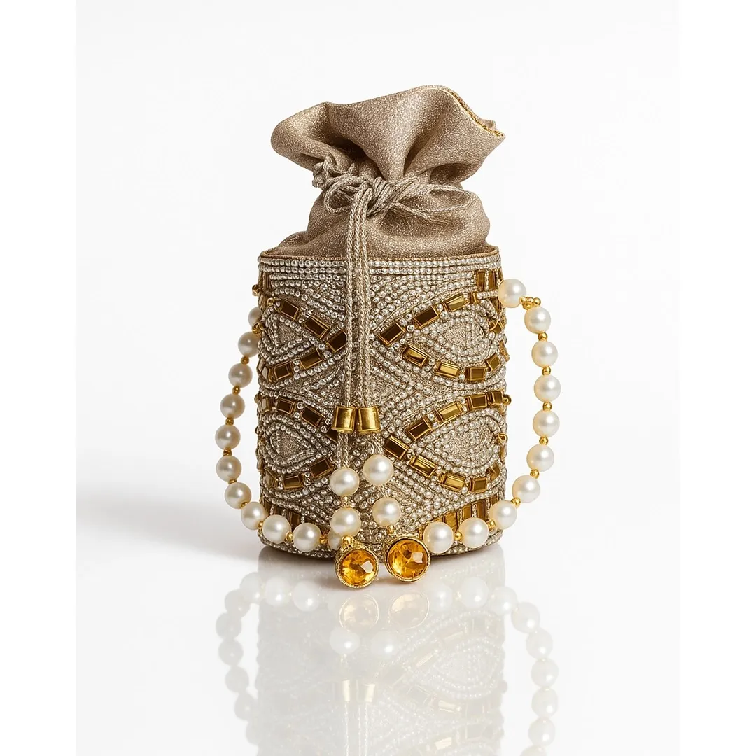 Golden Pearl Potli – Luxury Handcrafted Clutch