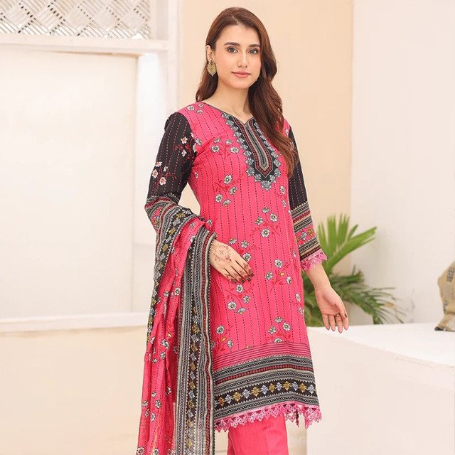 Pink Floral Embroidered 3-Piece Lawn Suit