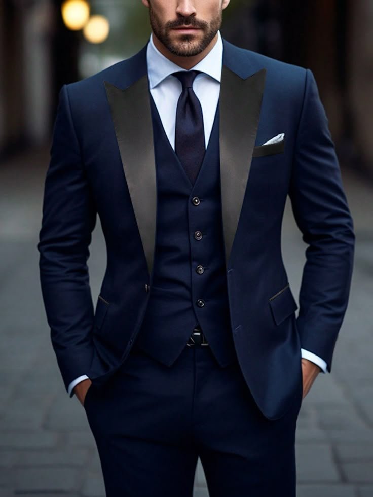 Men’s Navy Blue Three-Piece Tuxedo Suit