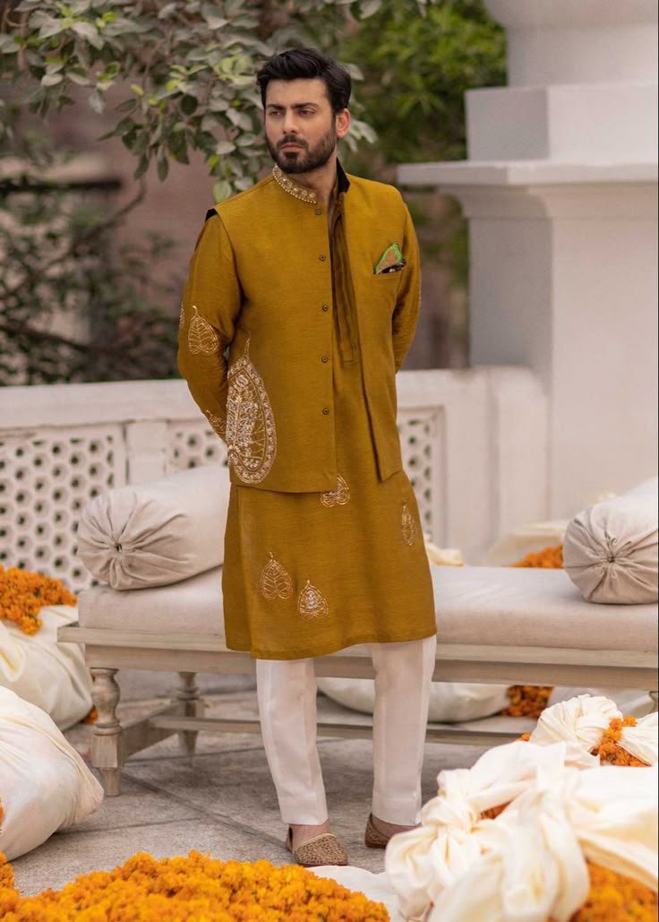 Mehndi Color Embroidered Kurta Set