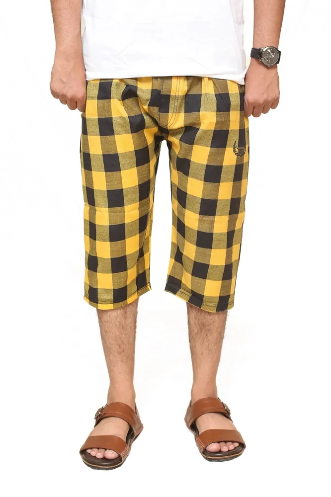 Yellow Black Cotton Shorts For Men