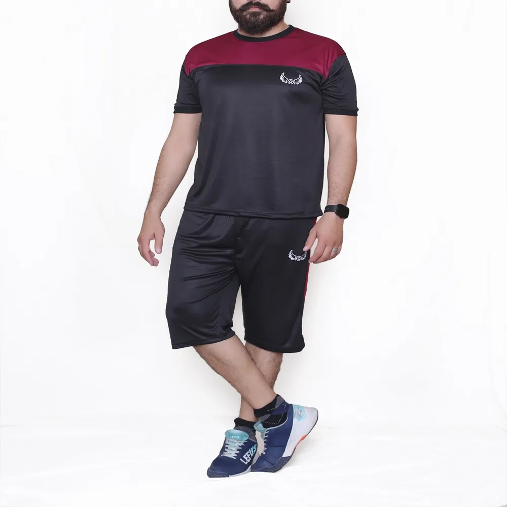 Maroon Black Active Tracksuits with Shorts