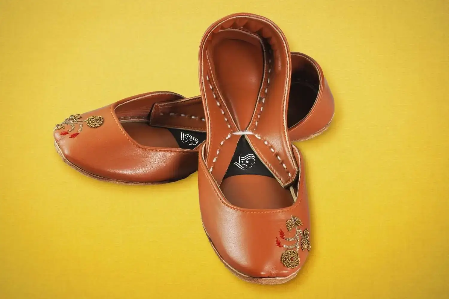 Elegant Tan Leather Khussa with Floral Embroidery