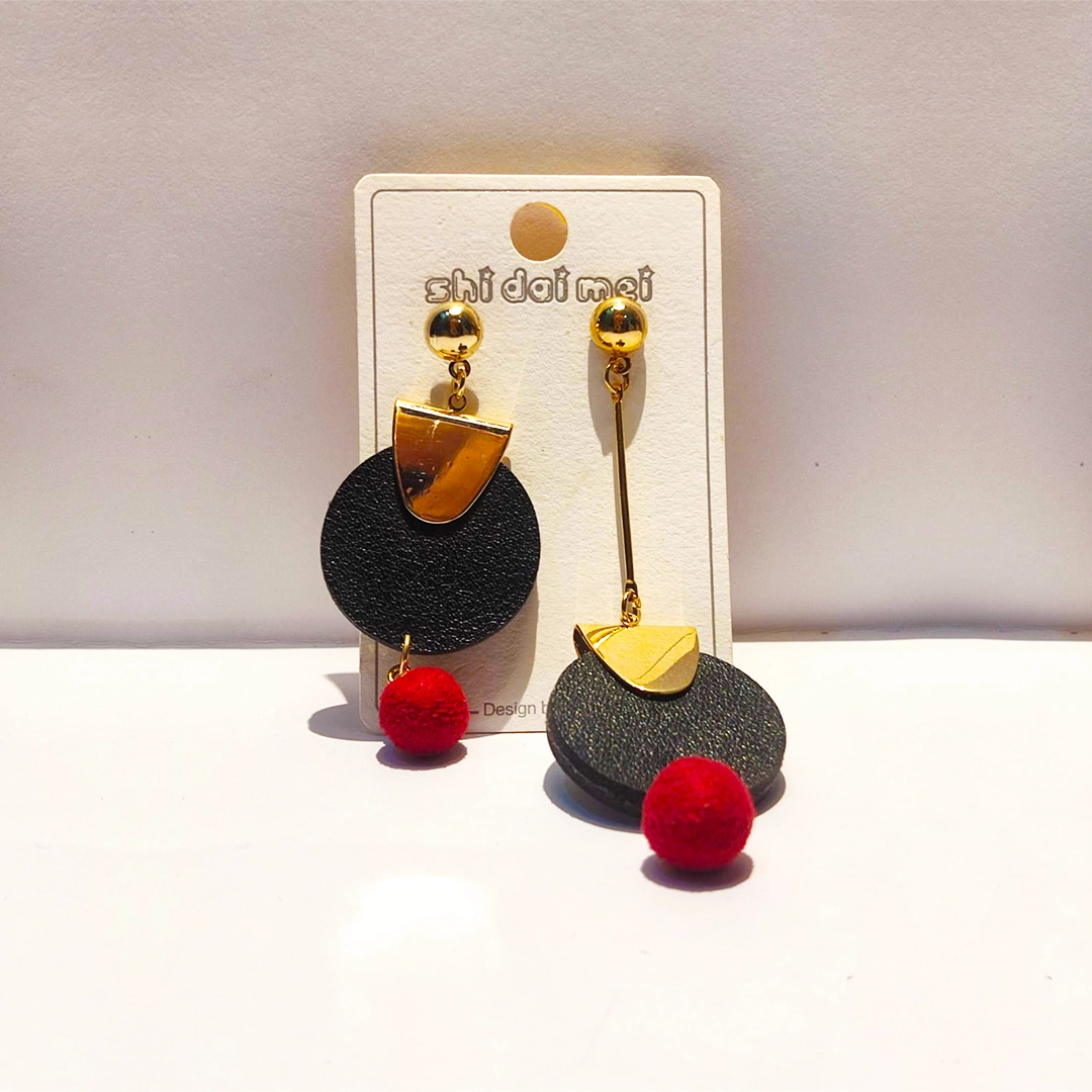 Golden Noir Red Pom Earrings