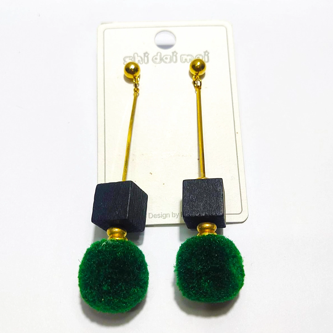 Emerald Cube Pom Drop Earrings