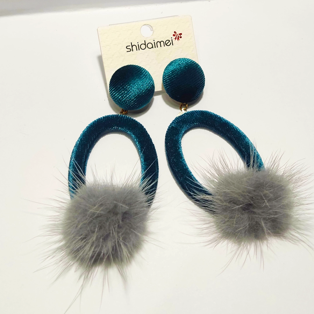 Teal Velvet Oval Fur Earrings