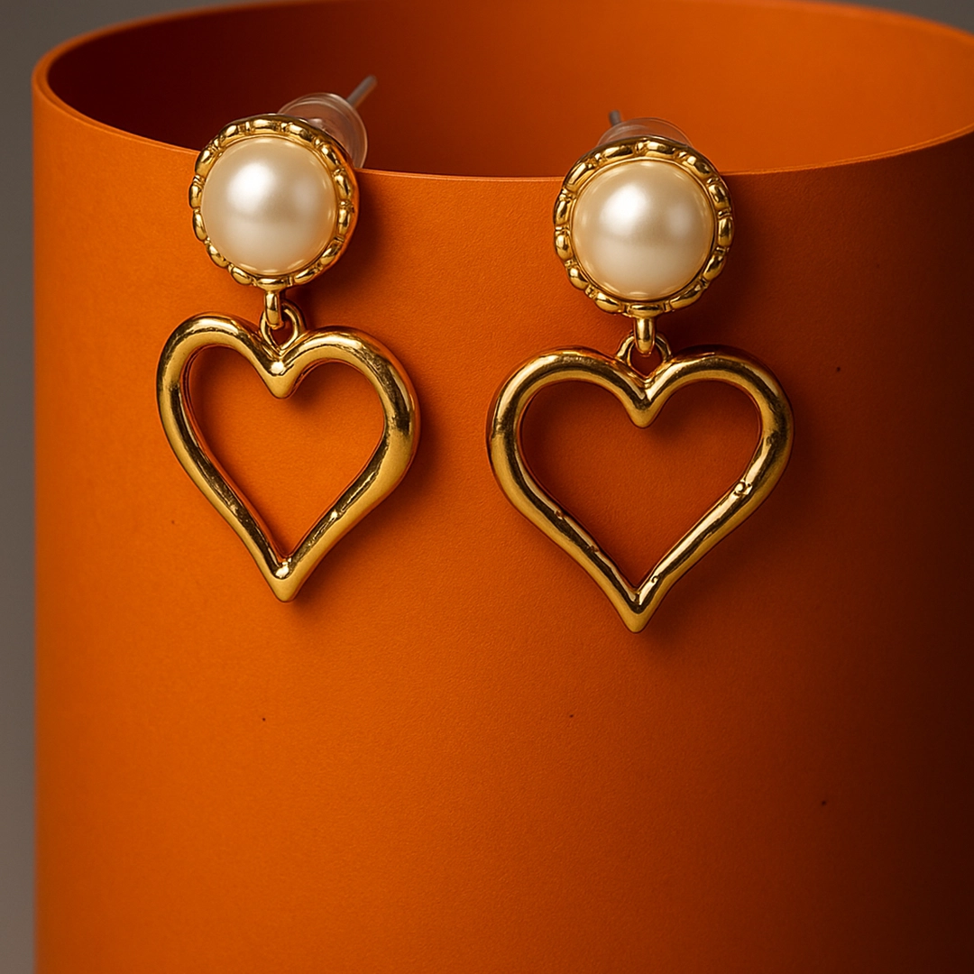 Golden Heart Pearl Drop Earrings