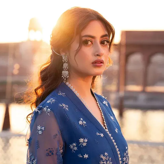 "Royal Blue Embroidered Chiffon Suit – Elegant Evening Wear"