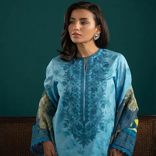 Elegant Sky Blue Embroidered Lawn Suit – Timeless Sophistication