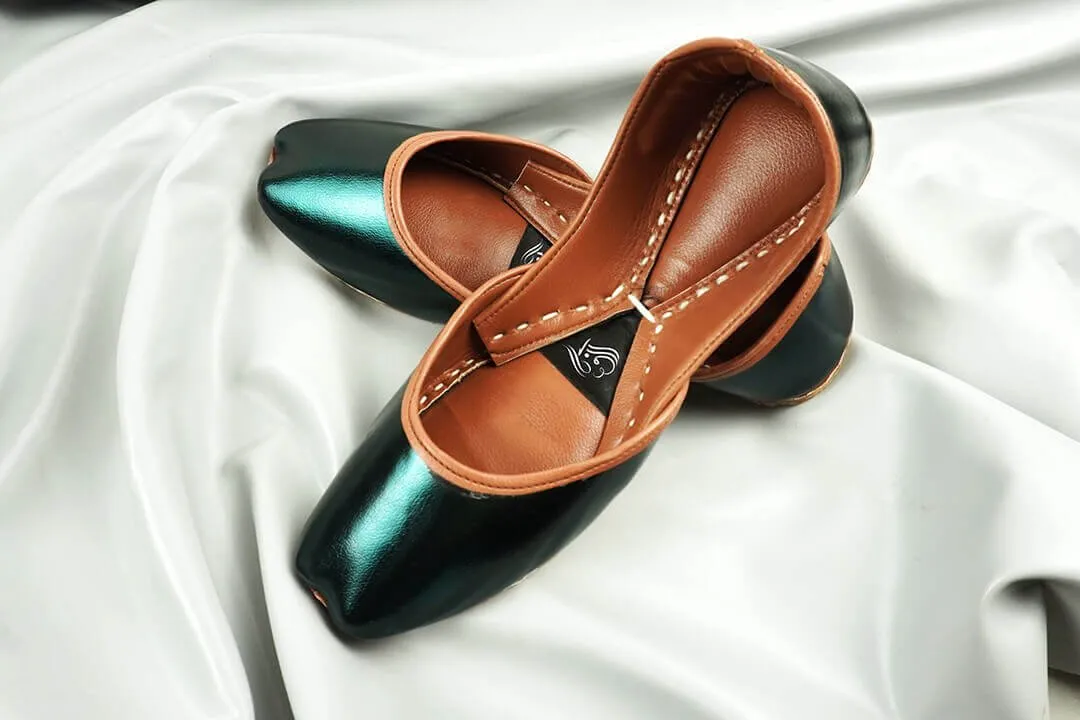 Green Leather Khussa with Tan Leather Interior