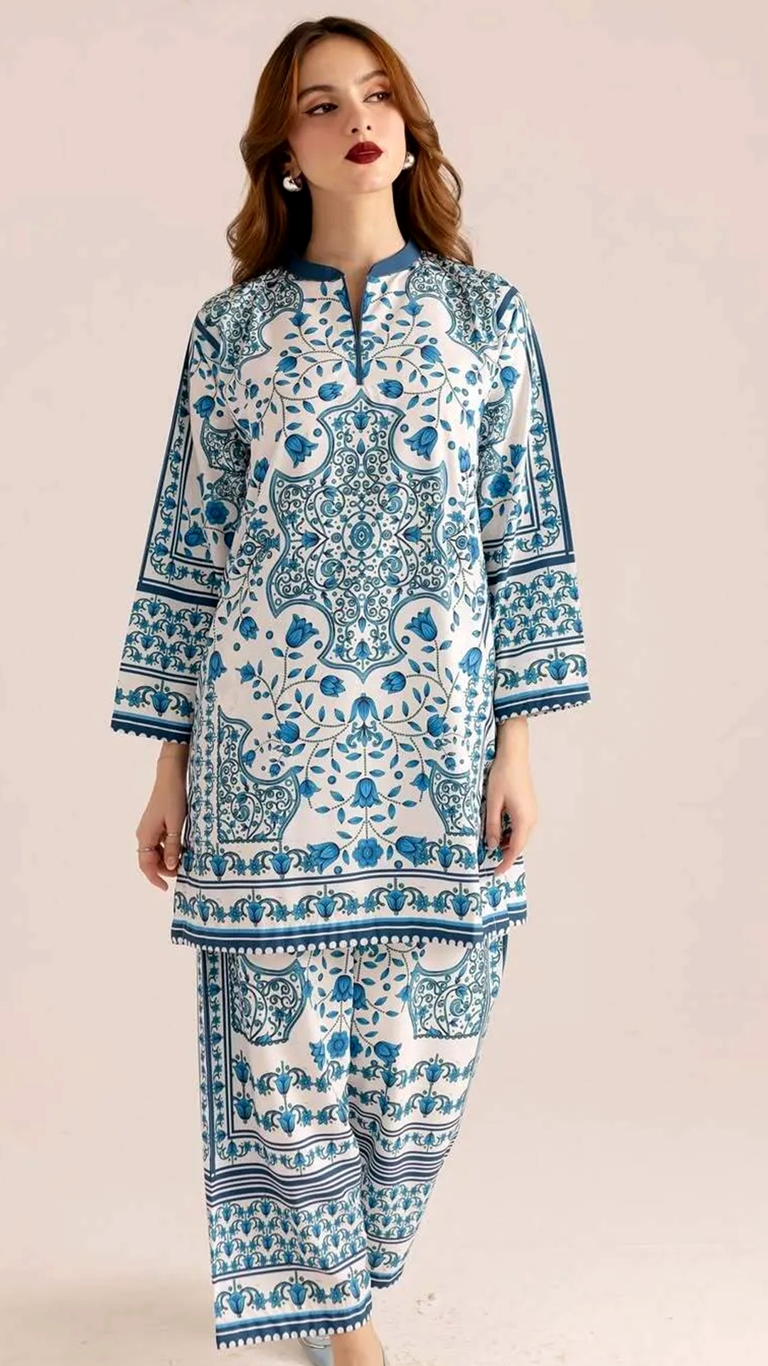 Co-Ord Set - White & Teal Blue Printed