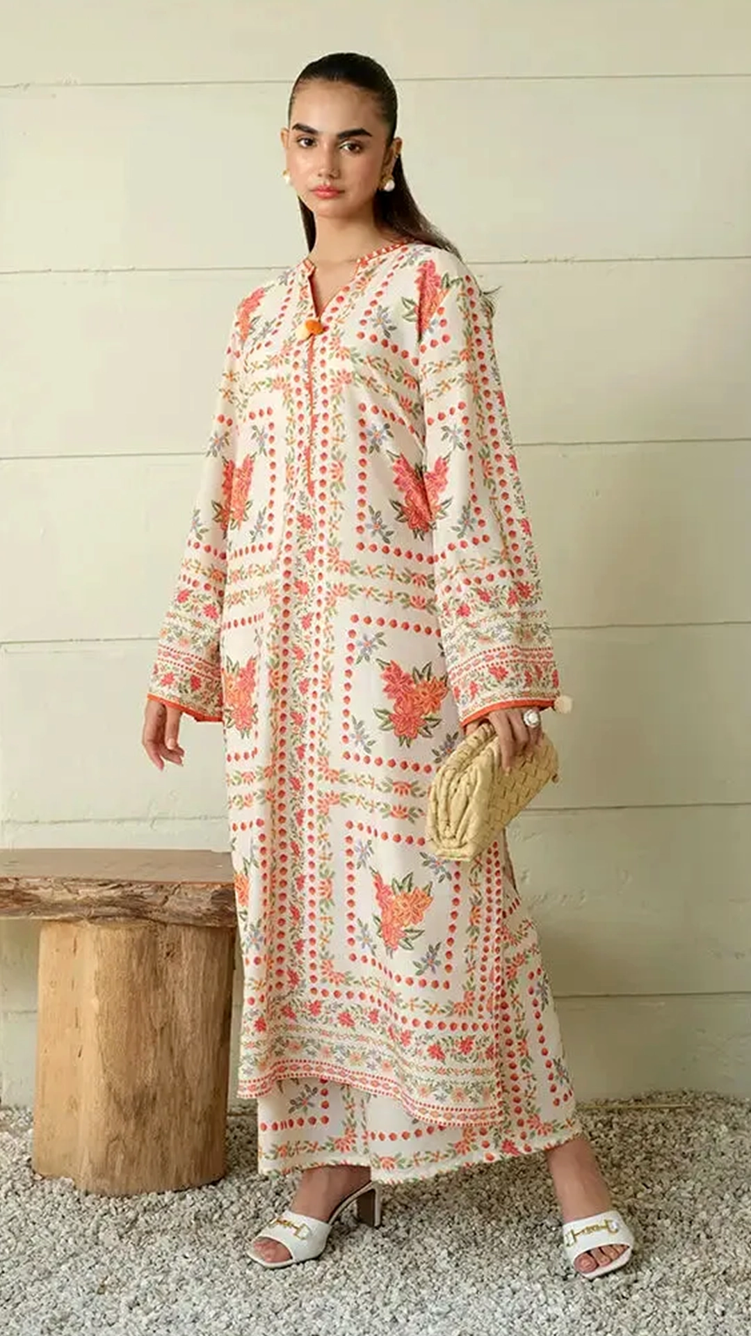 Co-Ord Set - Ivory & Coral Floral Printed