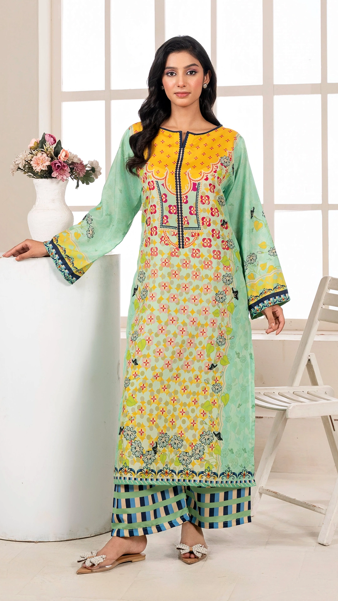 Co-Ord Set - Mint Green & Mustard Printed