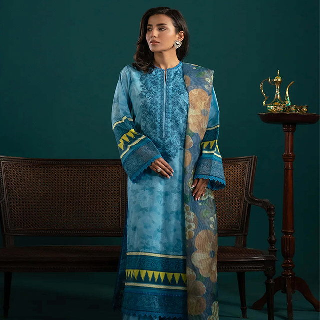Elegant Sky Blue Embroidered Lawn Suit – Timeless Sophistication