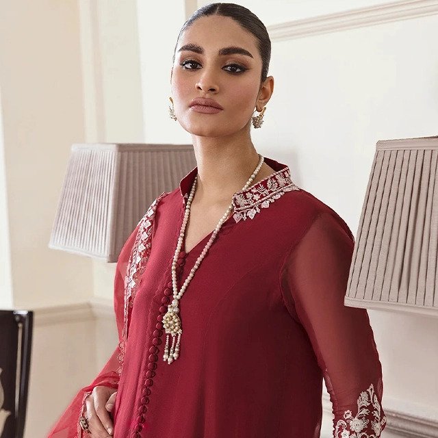 Elegant Maroon Chiffon Embroidered Pakistani Suit