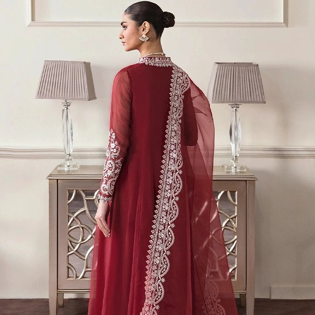 Elegant Maroon Chiffon Embroidered Pakistani Suit
