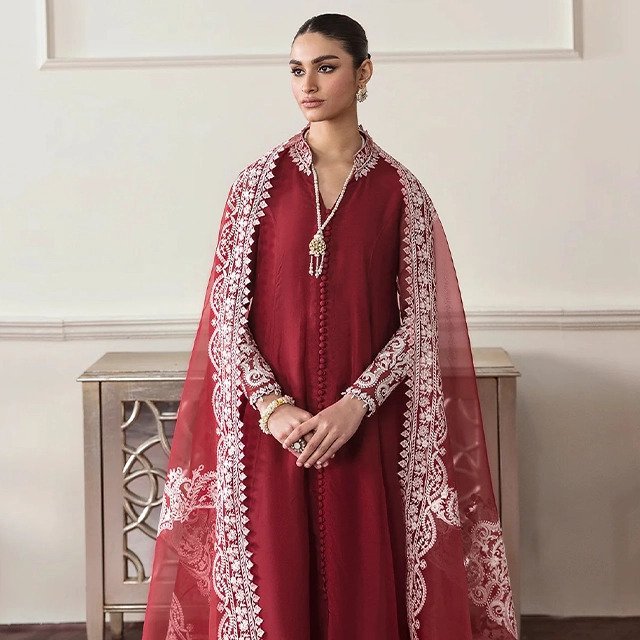 Elegant Maroon Chiffon Embroidered Pakistani Suit