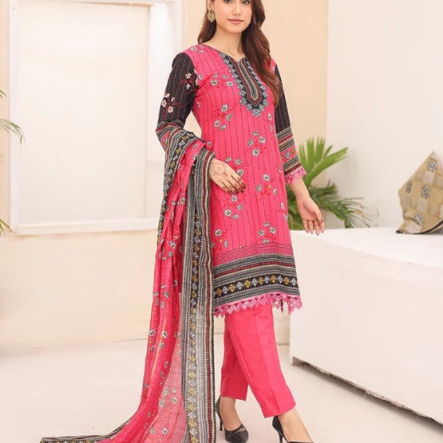 Pink Floral Embroidered 3-Piece Lawn Suit