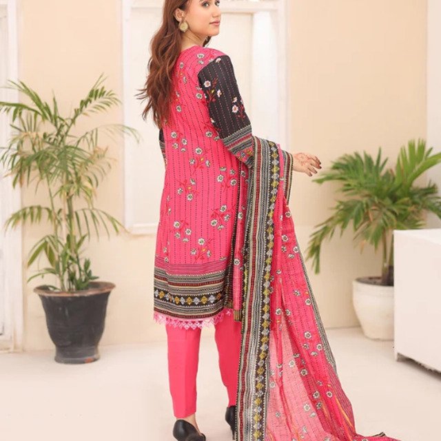 Pink Floral Embroidered 3-Piece Lawn Suit