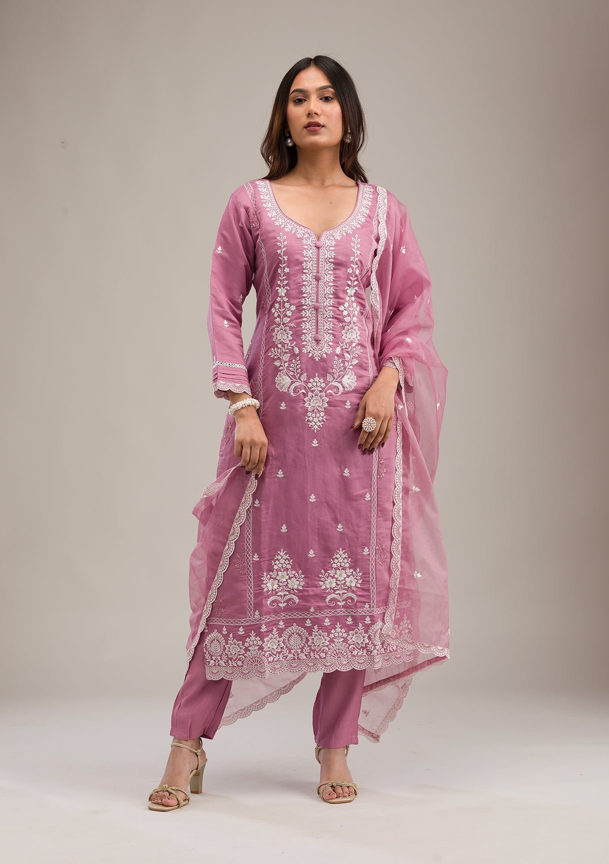 Mauve Threadwork Cotton Readymade Salwar Suit