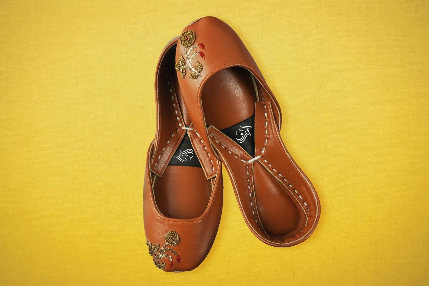 Elegant Tan Leather Khussa with Floral Embroidery