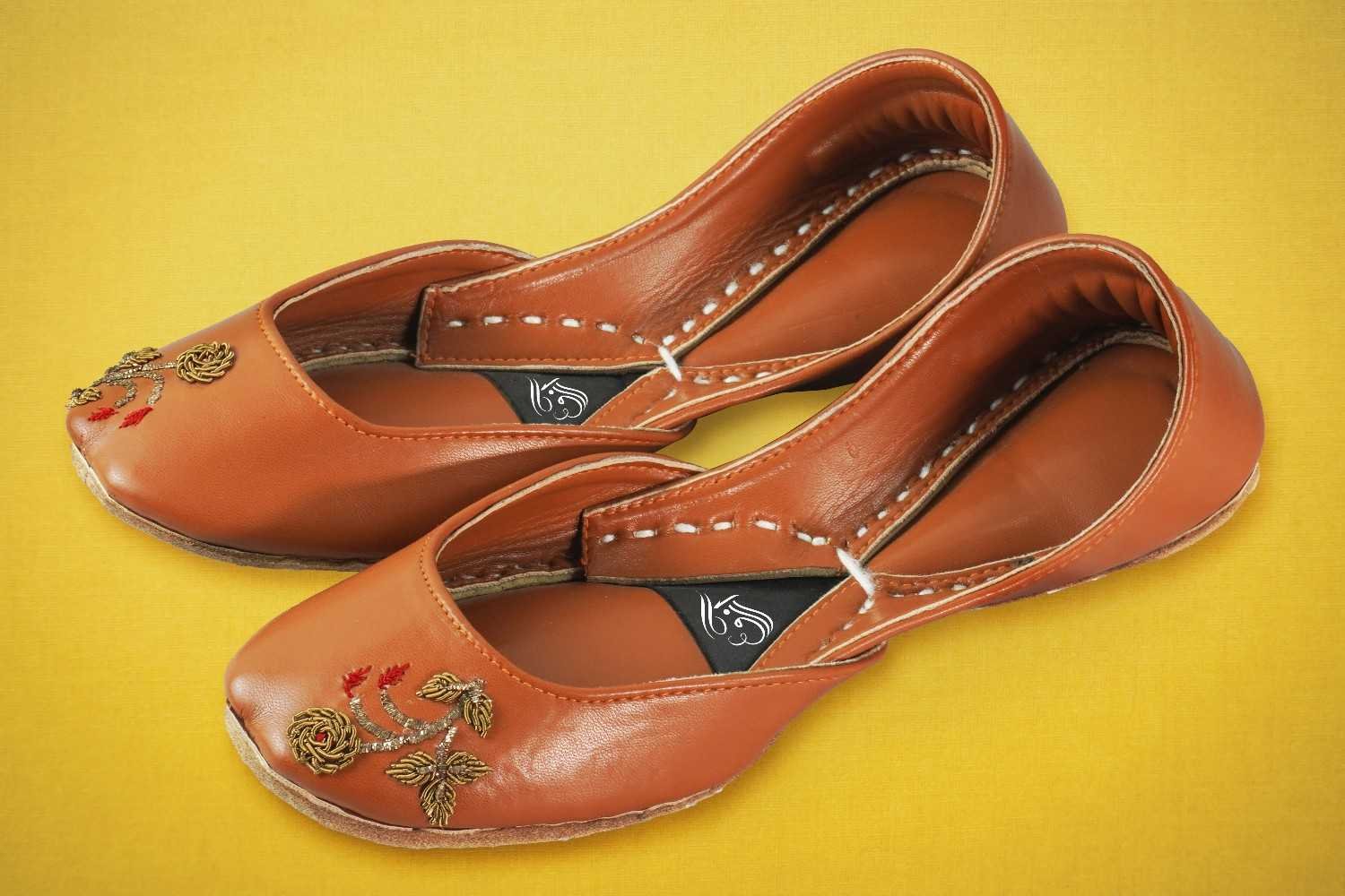 Elegant Tan Leather Khussa with Floral Embroidery