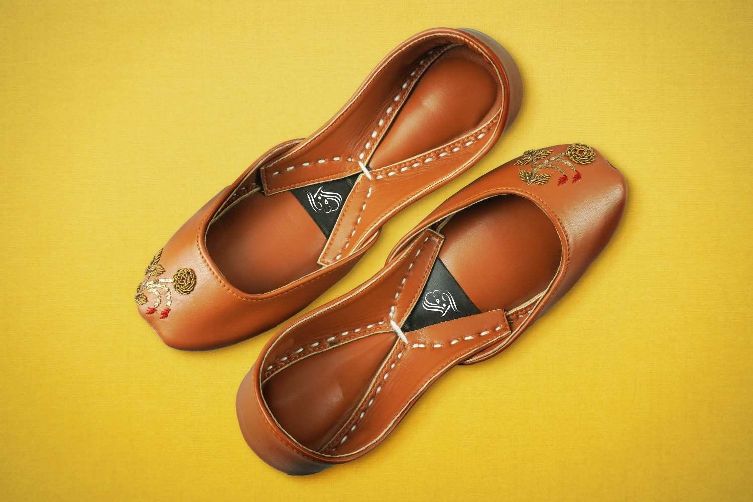 Elegant Tan Leather Khussa with Floral Embroidery