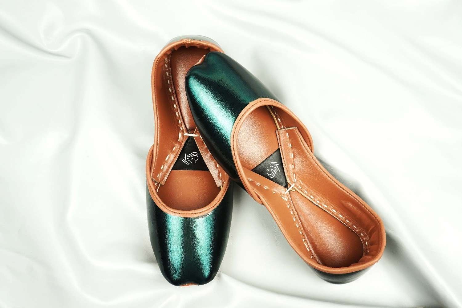 Green Leather Khussa with Tan Leather Interior