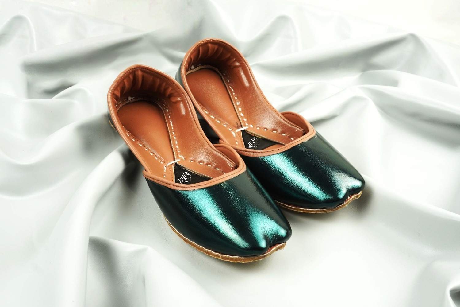 Green Leather Khussa with Tan Leather Interior