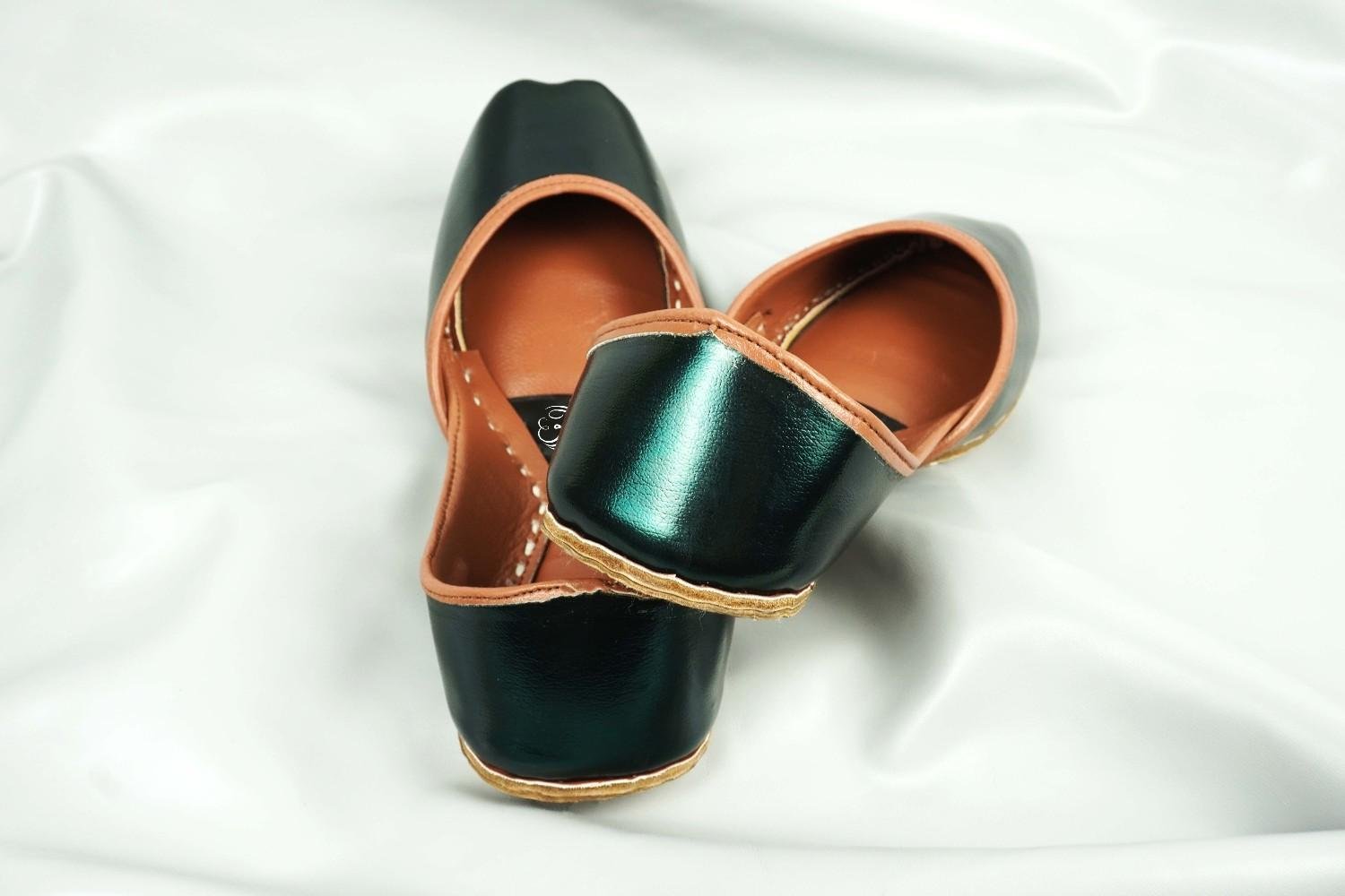 Green Leather Khussa with Tan Leather Interior