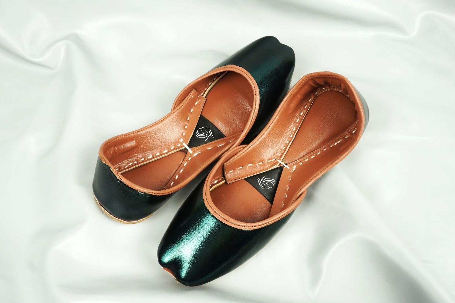 Green Leather Khussa with Tan Leather Interior