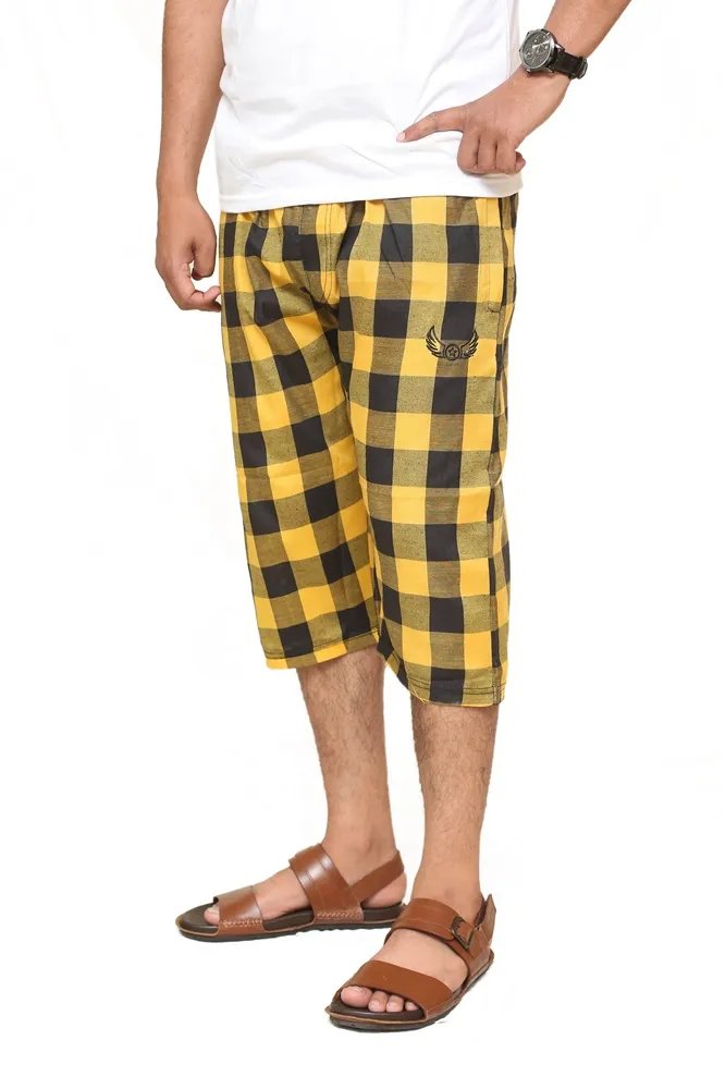 Yellow Black Cotton Shorts For Men