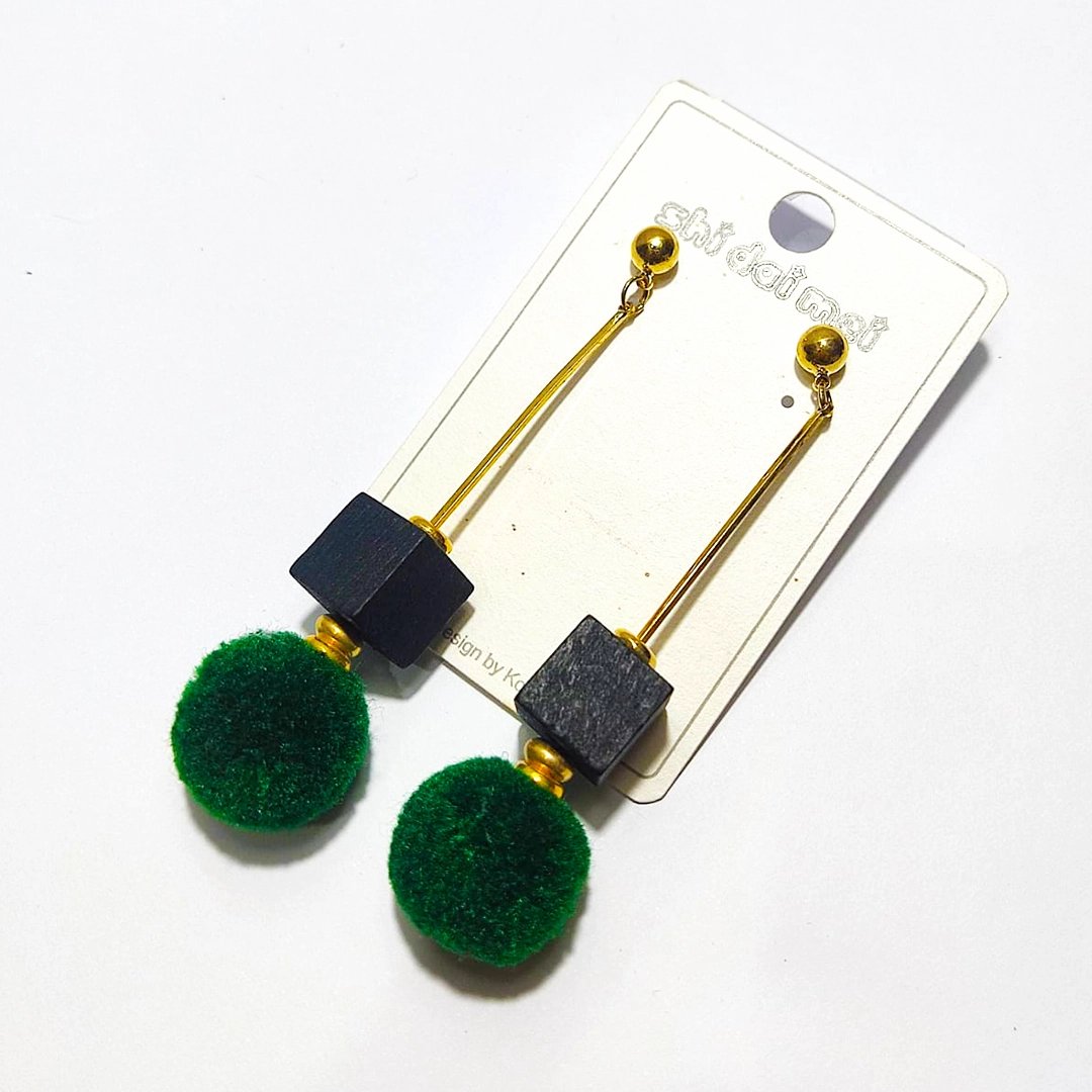 Emerald Cube Pom Drop Earrings