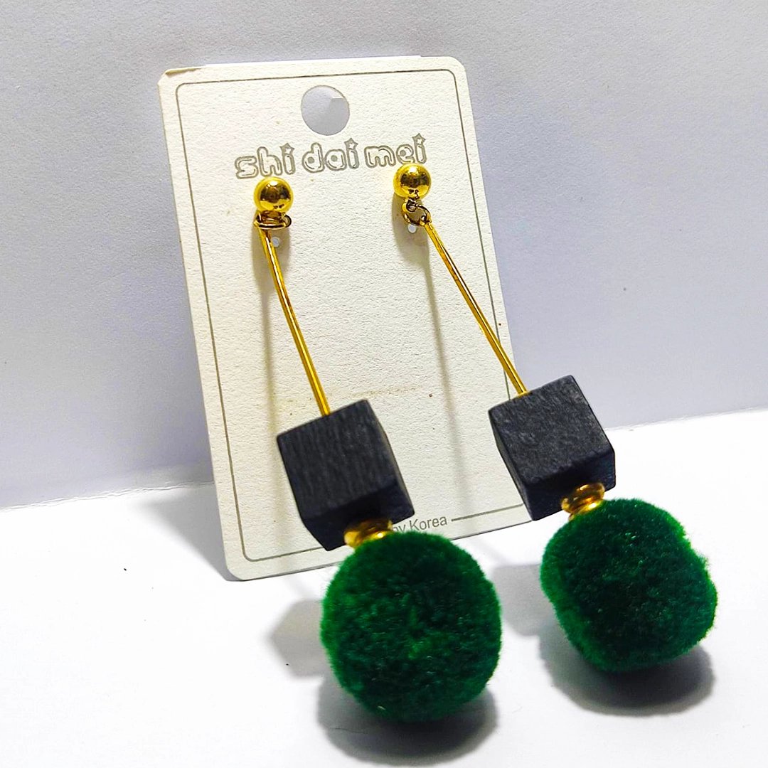 Emerald Cube Pom Drop Earrings