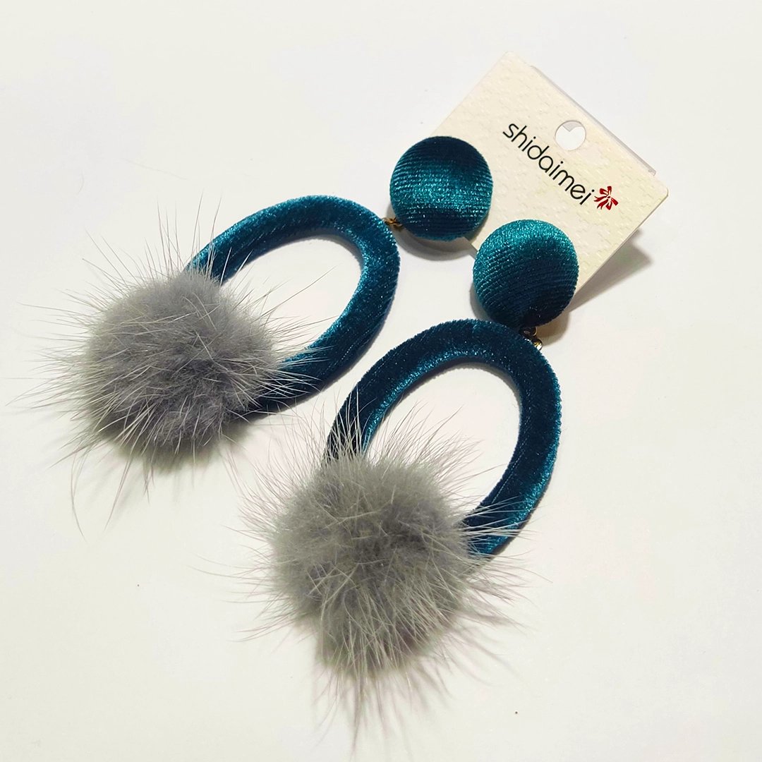 Teal Velvet Oval Fur Earrings