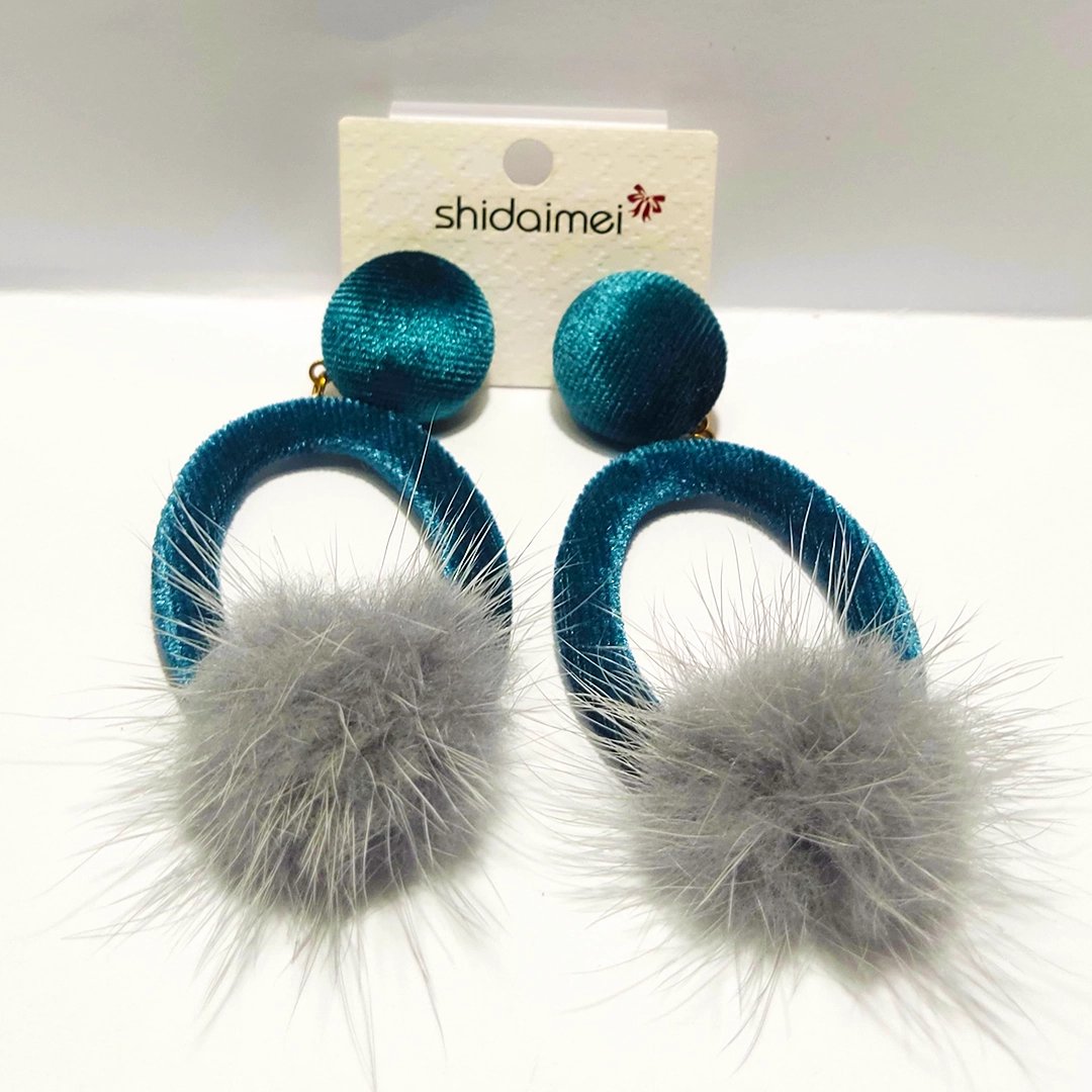 Teal Velvet Oval Fur Earrings