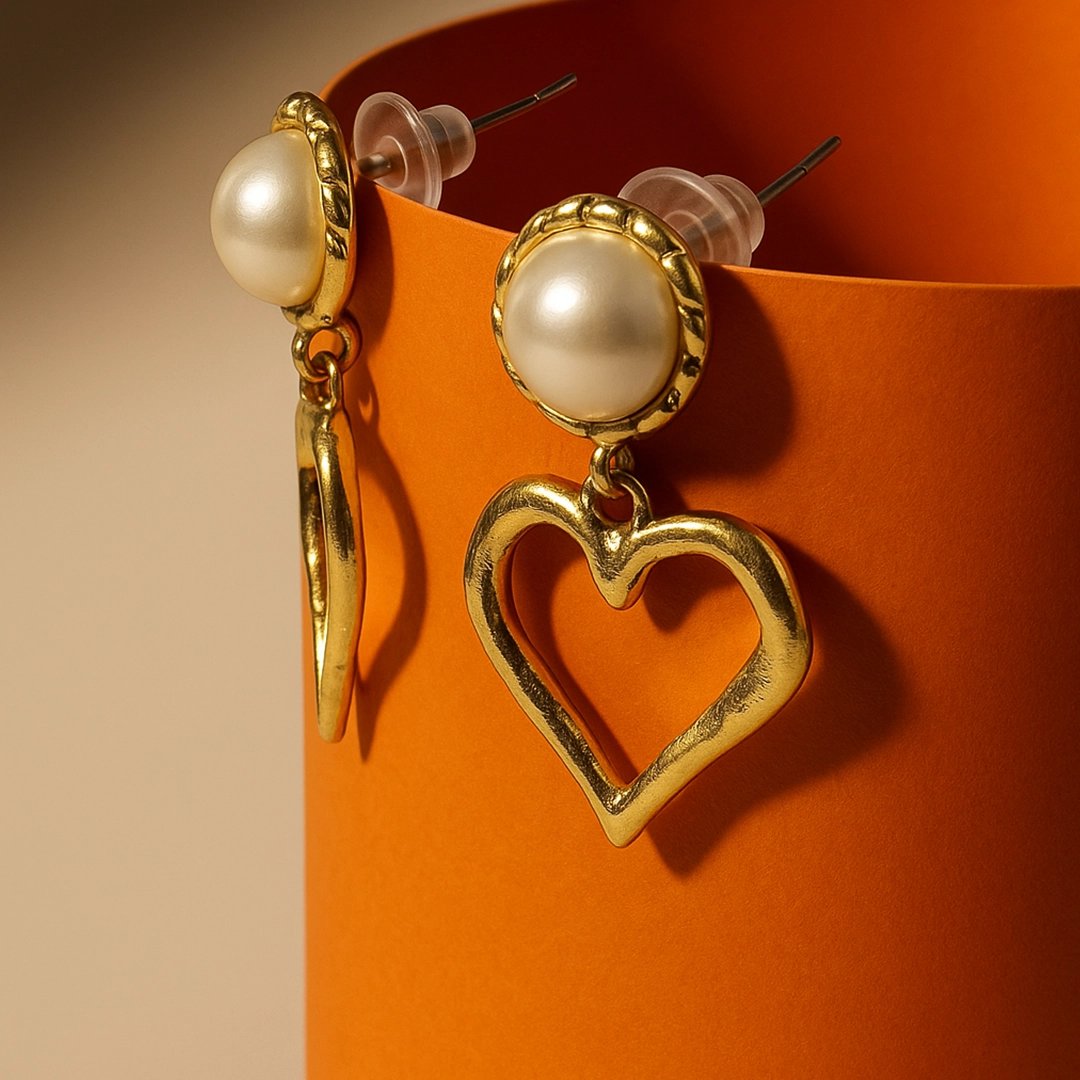 Golden Heart Pearl Drop Earrings