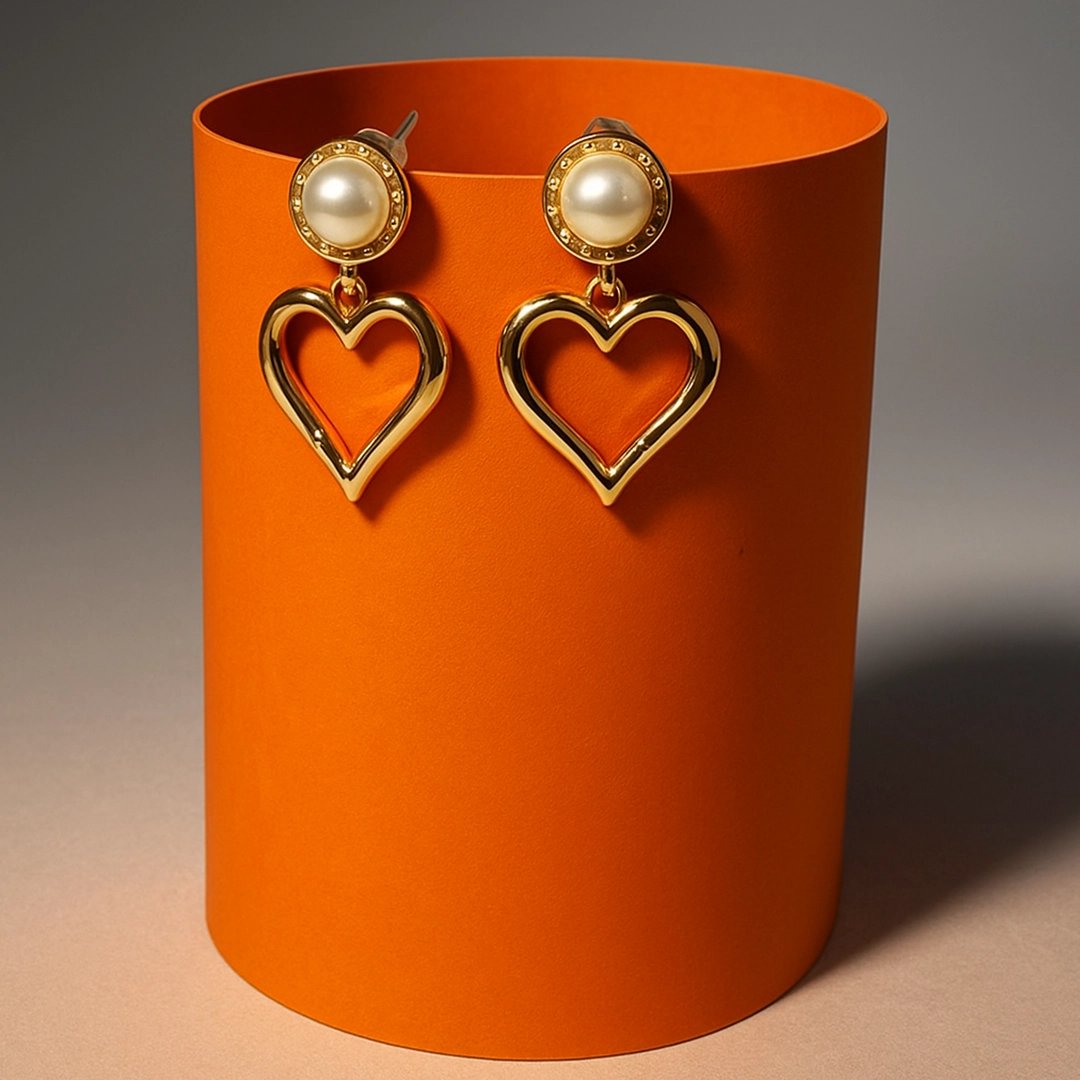 Golden Heart Pearl Drop Earrings