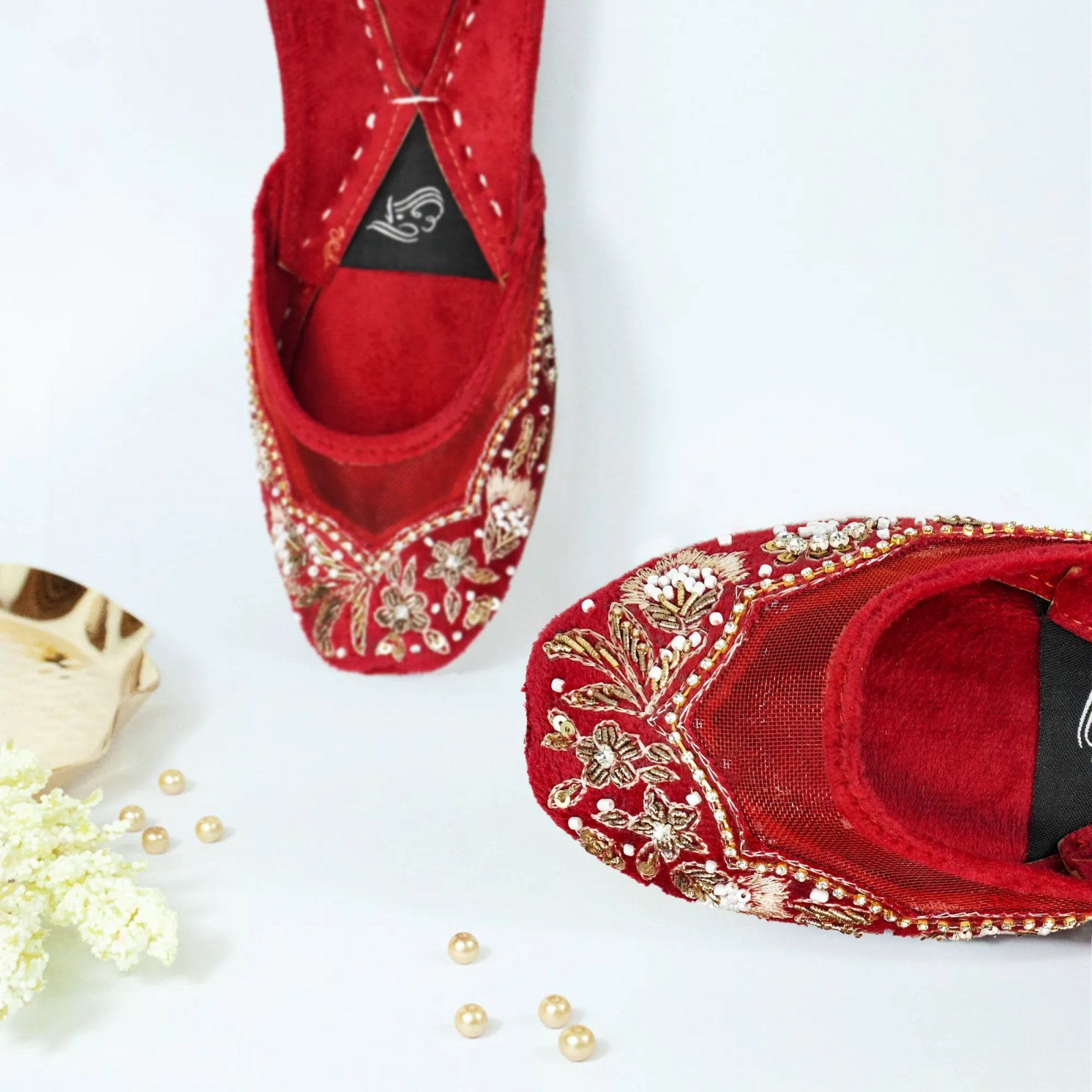 Red Velvet Khussa with Golden Embroidery