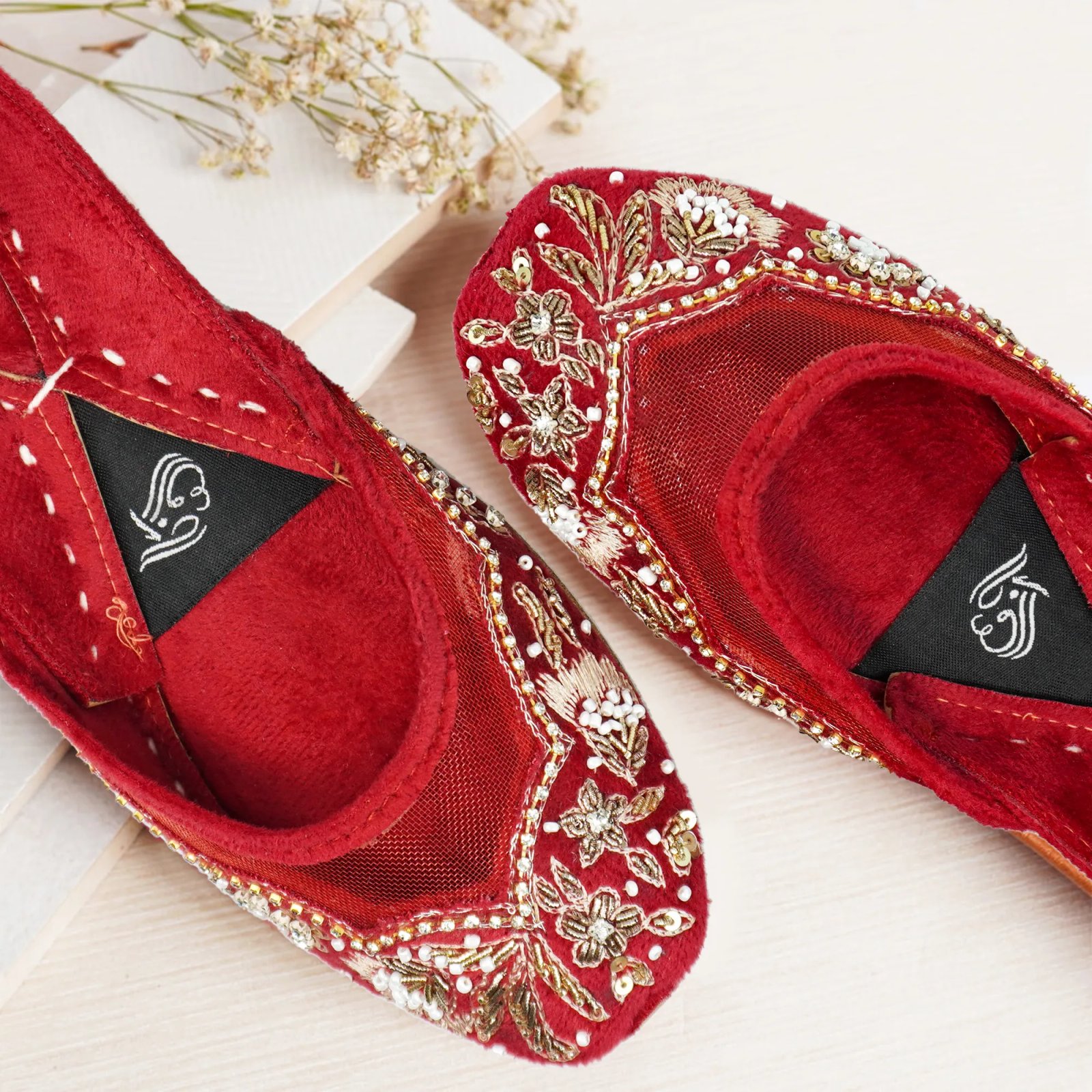 Red Velvet Khussa with Golden Embroidery