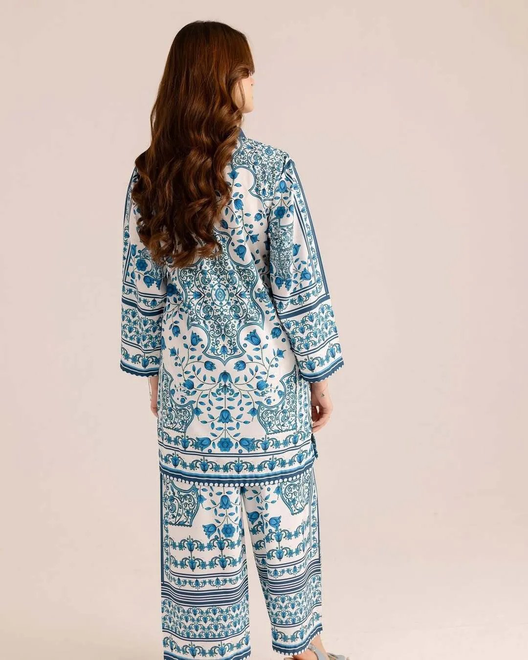 Co-Ord Set - White & Teal Blue Printed