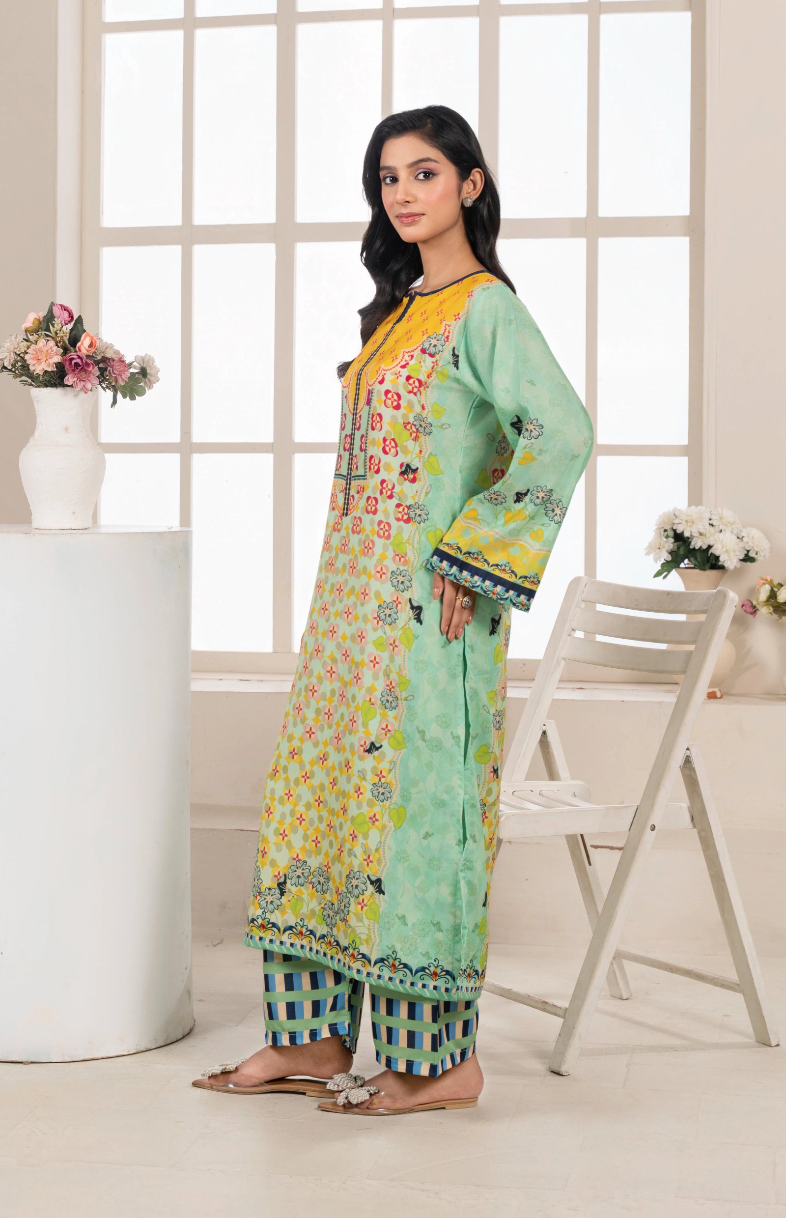 Co-Ord Set - Mint Green & Mustard Printed